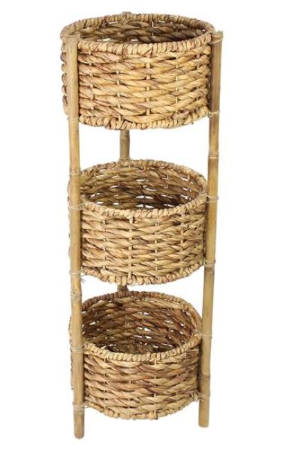 Preview: Standregal aus Bambus mit 3 Körben aus Wasserhyazinzthe, 90 cm hoch, Badregal, Küchenregal