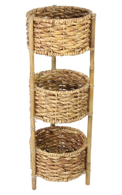 Standregal aus Bambus mit 3 Körben aus Wasserhyazinzthe, 90 cm hoch, Badregal, Küchenregal