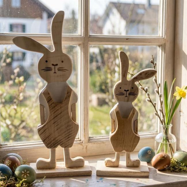 2x Osterhase "Latzhose" aus recyceltem Holz, 30 + 38 cm hoch, Dekofigur Hasenmann und Hasenjunge, Osterdeko