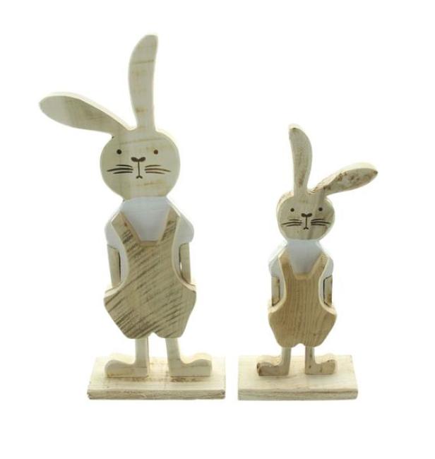 2x Osterhase "Latzhose" aus recyceltem Holz, 30 + 38 cm hoch, Dekofigur Hasenmann und Hasenjunge, Osterdeko