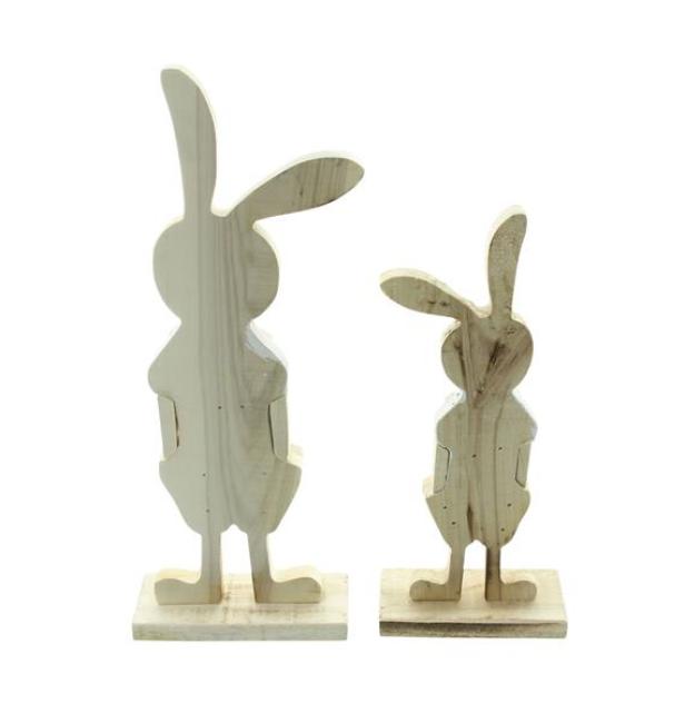2x Osterhase "Latzhose" aus recyceltem Holz, 30 + 38 cm hoch, Dekofigur Hasenmann und Hasenjunge, Osterdeko