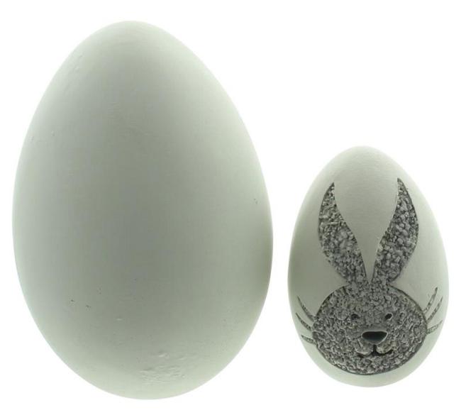Preview: 2 Dekoeier "Hase" weiß, 10 + 15 cm hoch, Osterdeko für Drinnen & Draussen, Ostereier mit Hasenmotiv, Tischdekoration, Outdoor Frühlingsdeko, Gartendeko Figurenset