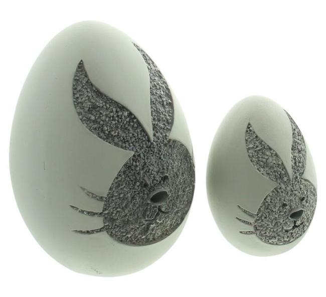2 Dekoeier "Hase" weiß, 10 + 15 cm hoch, Osterdeko für Drinnen & Draussen, Ostereier mit Hasenmotiv, Tischdekoration, Outdoor Frühlingsdeko, Gartendeko Figurenset