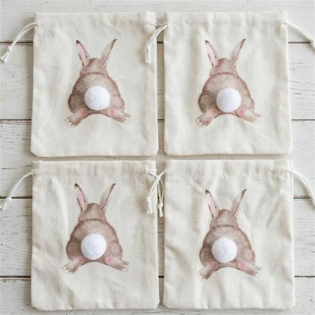 Preview: 4x Geschenkbeutel "Puschel" aus Baumwolle, creme, mit Hasenmotiv und Zugband, 15x17 cm