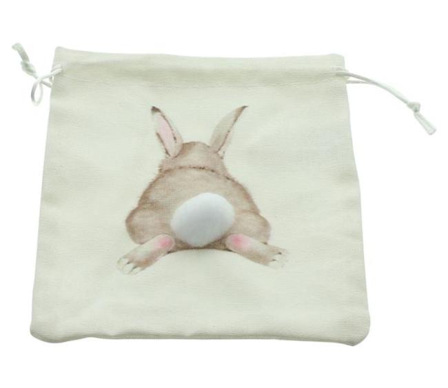 4x Geschenkbeutel "Puschel" aus Baumwolle, creme, mit Hasenmotiv und Zugband, 15x17 cm