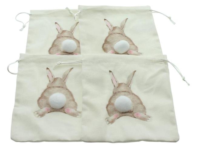 4x Geschenkbeutel "Puschel" aus Baumwolle, creme, mit Hasenmotiv und Zugband, 15x17 cm