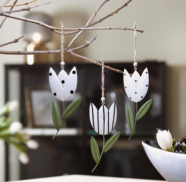 3x Dekohänger "Tulpe" aus Metall, Blume zum Aufhängen, schwarz / weiß / grün, Frühlingsdeko, Osterdeko