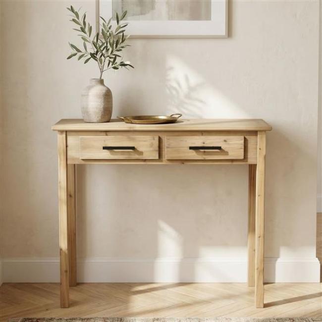 Preview: Beistelltisch "Natur" aus Holz, 90x34 cm, Telefontisch mit 2 Schubladen, Konsolentisch