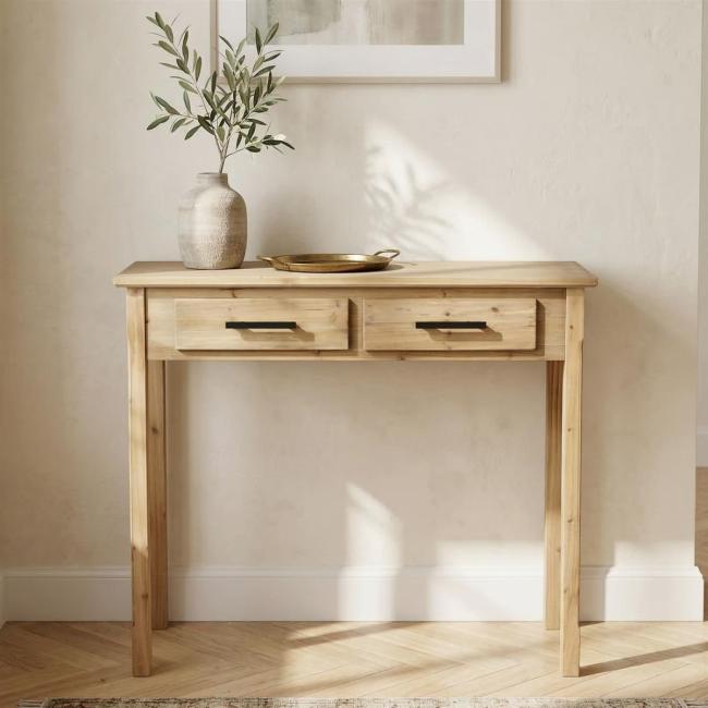Beistelltisch "Natur" aus Holz, 90x34 cm, Telefontisch mit 2 Schubladen, Konsolentisch