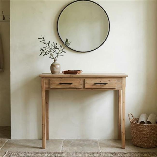 Preview: Beistelltisch "Natur" aus Holz, 90x34 cm, Telefontisch mit 2 Schubladen, Konsolentisch