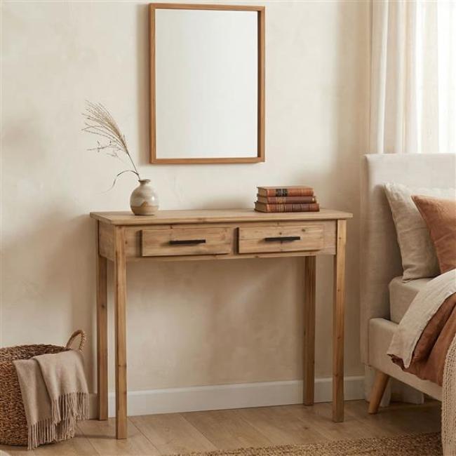 Preview: Beistelltisch "Natur" aus Holz, 90x34 cm, Telefontisch mit 2 Schubladen, Konsolentisch