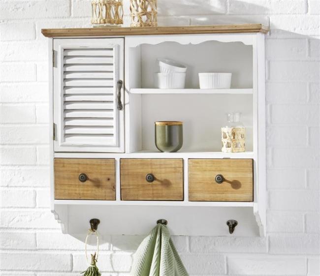 Preview: Hängeschrank "White Cottage" im Landhausstil aus Holz, weiß, im Shabby Look, 1 Tür & 3 Schubladen + 3 Haken, Wandschrank