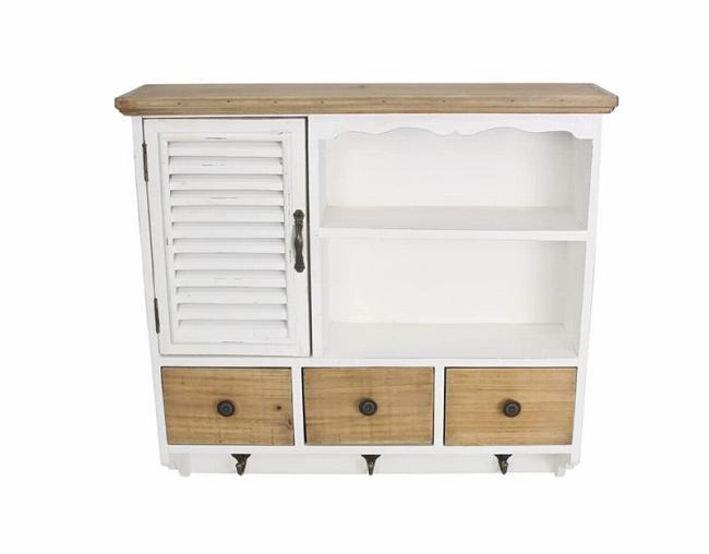 Preview: Hängeschrank "White Cottage" im Landhausstil aus Holz, weiß, im Shabby Look, 1 Tür & 3 Schubladen + 3 Haken, Wandschrank