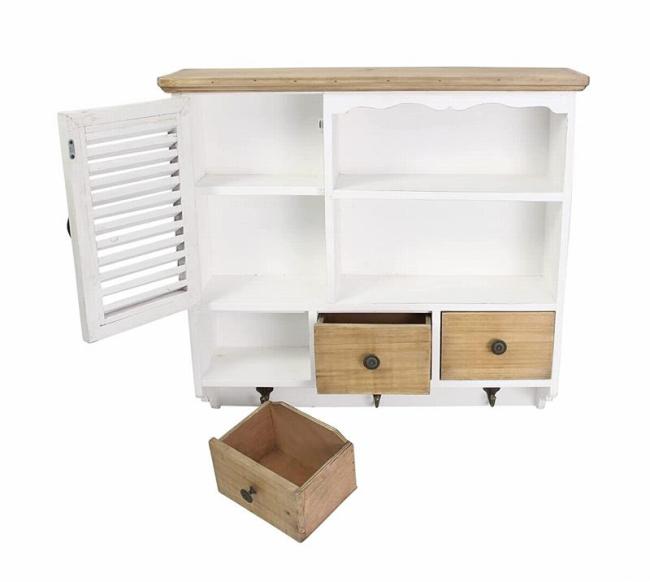 Hängeschrank "White Cottage" im Landhausstil aus Holz, weiß, im Shabby Look, 1 Tür & 3 Schubladen + 3 Haken, Wandschrank