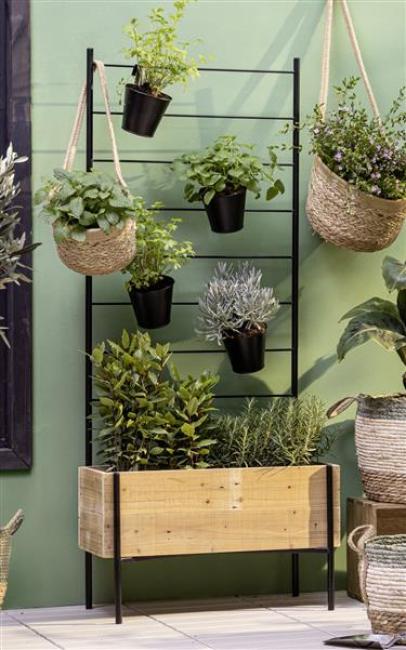 Preview: Pflanzkasten mit Rankgitter, Blumenkasten aus recyceltem Holz, Hochbeet mit Rankgerüst aus Metall + 4 Blumentöpfe