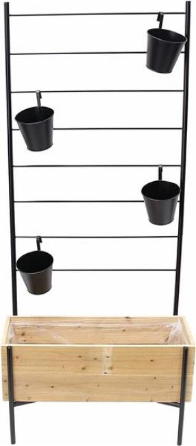 Preview: Pflanzkasten mit Rankgitter, Blumenkasten aus recyceltem Holz, Hochbeet mit Rankgerüst aus Metall + 4 Blumentöpfe