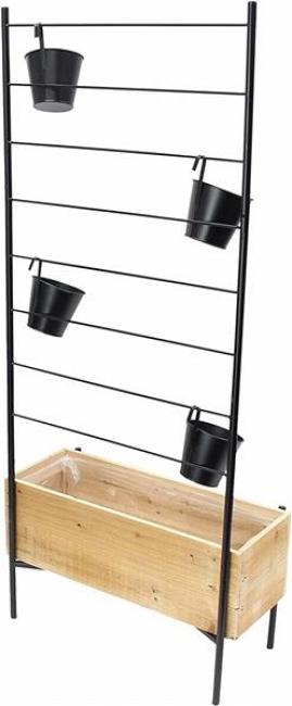 Preview: Pflanzkasten mit Rankgitter, Blumenkasten aus recyceltem Holz, Hochbeet mit Rankgerüst aus Metall + 4 Blumentöpfe