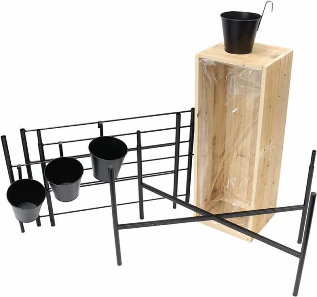 Pflanzkasten mit Rankgitter, Blumenkasten aus recyceltem Holz, Hochbeet mit Rankgerüst aus Metall + 4 Blumentöpfe