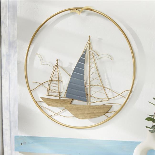 Preview: 3D Wandbild "Regatta" aus Metall in gold, 2 Segelboote in rundem Rahmen, Wanddeko