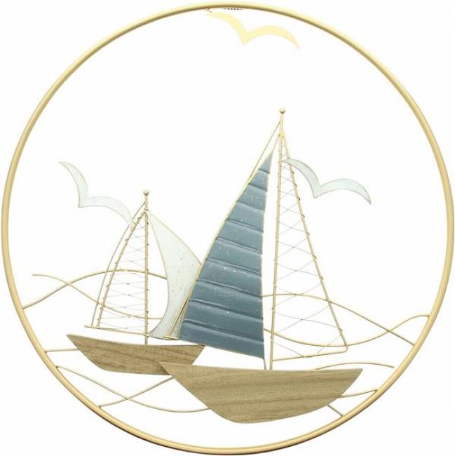 Preview: 3D Wandbild "Regatta" aus Metall in gold, 2 Segelboote in rundem Rahmen, Wanddeko