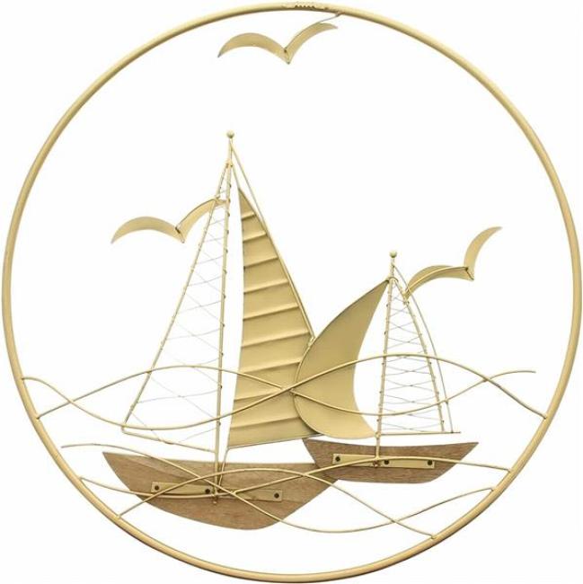 Preview: 3D Wandbild "Regatta" aus Metall in gold, 2 Segelboote in rundem Rahmen, Wanddeko