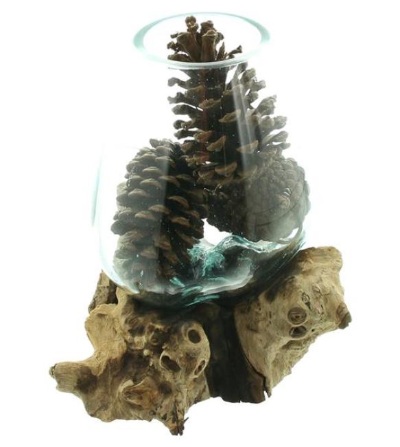 aussergewöhnliche Vase aus Wurzelholz & Glas, Einzelstück, Dekoglas, Blumenvase, Dekoobjekt