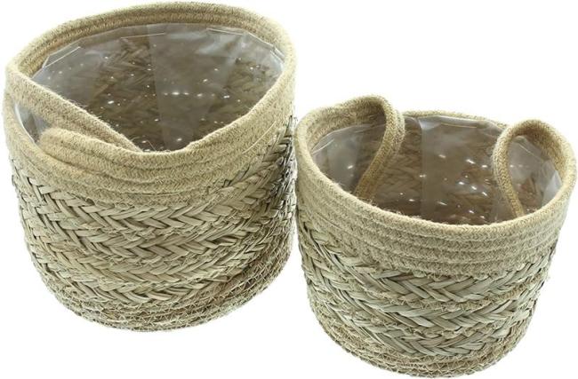 Preview: 2x Hängekorb aus Seegras & Jute, Hängepflanzkorb, Aufbewahrungskorb zum Aufhängen, Wandpflanzer, Hängeblumentopf