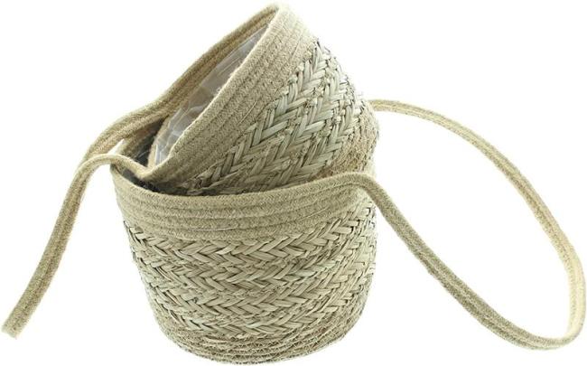 Preview: 2x Hängekorb aus Seegras & Jute, Hängepflanzkorb, Aufbewahrungskorb zum Aufhängen, Wandpflanzer, Hängeblumentopf
