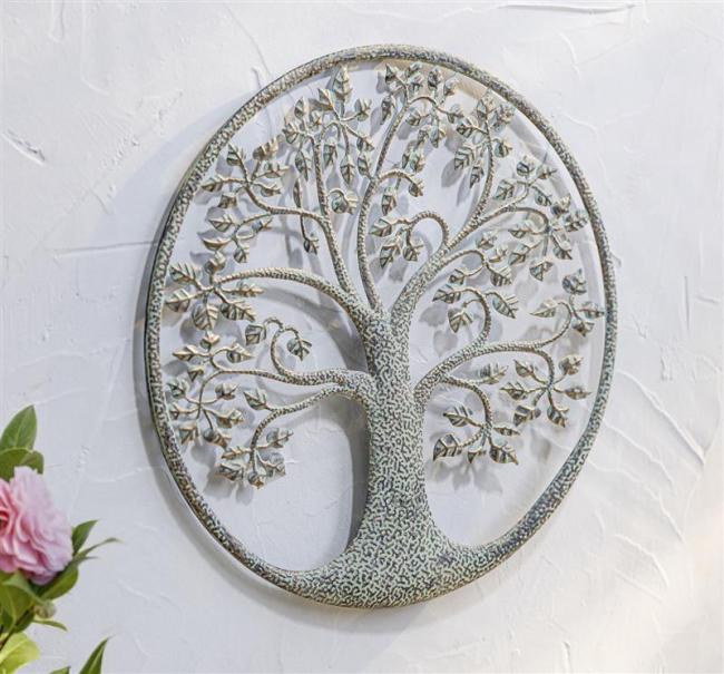 Preview: Wandbild "Baum des Lebens" aus Metall, mintgrün lackiert mit Kupfer Patina, rund Ø 40 cm, Metallbild, Wanddeko
