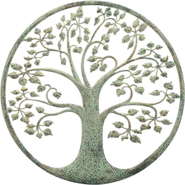 Preview: Wandbild "Baum des Lebens" aus Metall, mintgrün lackiert mit Kupfer Patina, rund Ø 40 cm, Metallbild, Wanddeko