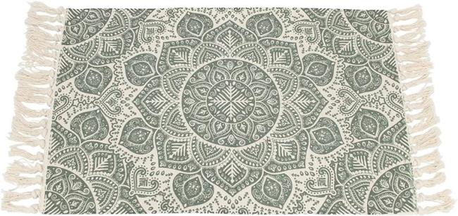 Preview: Bodenmatte "Mandala" in grün & beige, 60x90 cm, aus 50% Baumwolle, Teppich mit Fransen