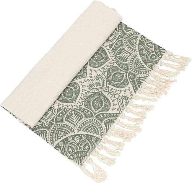 Preview: Bodenmatte "Mandala" in grün & beige, 60x90 cm, aus 50% Baumwolle, Teppich mit Fransen