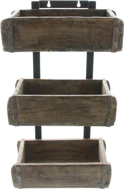 Preview: Wandregal "Kolonial" aus recyceltem Holz im Used Look mit 3 Holzkisten, Hängeregal Pflanzenregal, Blumenregal