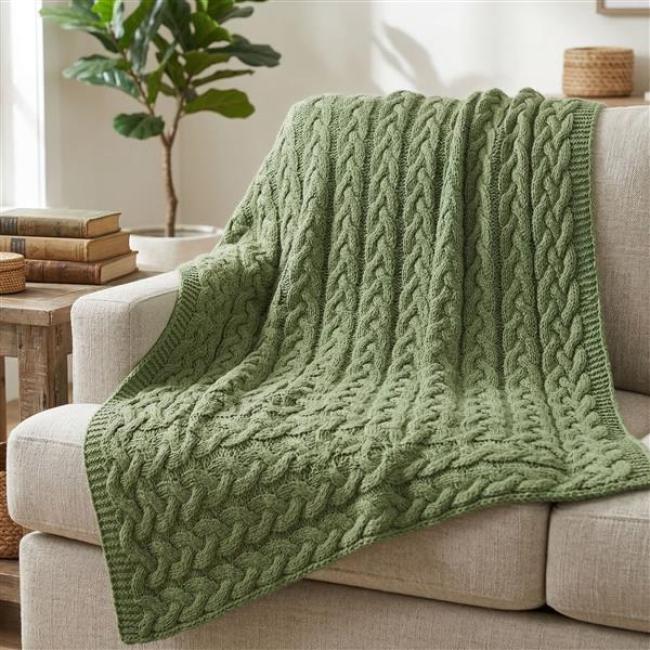 Preview: Kuscheldecke "Zopmuster" in grün, 127x152 cm, weiche Wohndecke, Sofadecke, Couchdecke