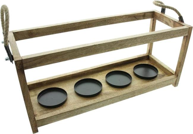 Preview: Kerzenhalter "Mangoholz" Kerzenleiste aus Holz 58 cm lang für 4 große Stumpenkerzen / Teelichte, Kerzenständer