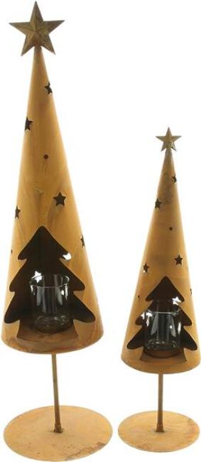 Preview: 2x Windlicht "Tanne" aus Metall mit Rost Finish, 45 + 60 cm hoch, inkl. Teelichglas, Balkon & Gartendeko für Draußen