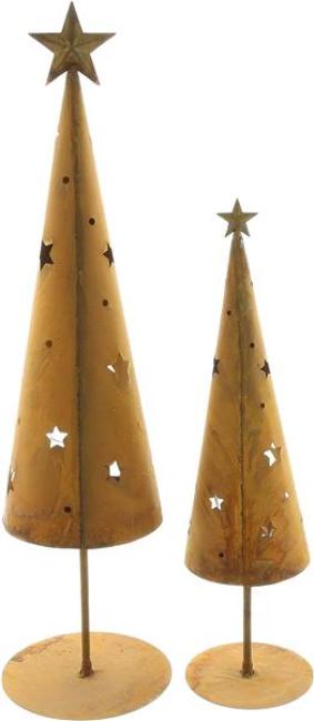 2x Windlicht "Tanne" aus Metall mit Rost Finish, 45 + 60 cm hoch, inkl. Teelichglas, Balkon & Gartendeko für Draußen