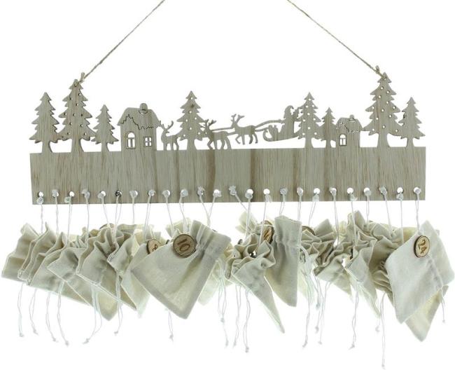 Preview: Adventskalender "Sachet" aus Holz mit 24 Säckchen zum befüllen, Weihnachtskalender zum Aufhängen