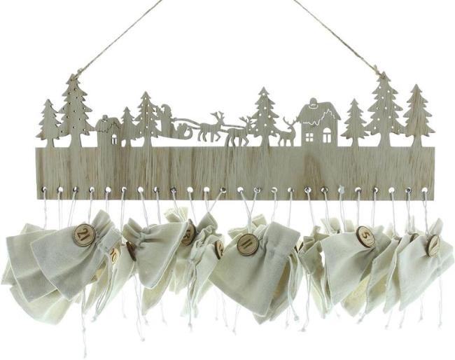 Preview: Adventskalender "Sachet" aus Holz mit 24 Säckchen zum befüllen, Weihnachtskalender zum Aufhängen