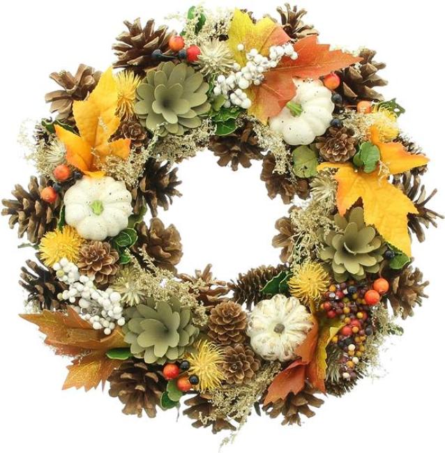 Preview: Dekokanz "Herbst" Ø 34 cm, aus Naturzapfen mit Deko Blättern, Kürbissen, Beeren, Tischkranz, Wandkranz