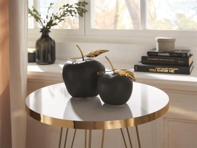 Preview: Apfel "Black" aus Porzellan, matt schwarz + gold, 11 + 14 cm hoch, Dekofigur, Tischdeko, Dekoobst