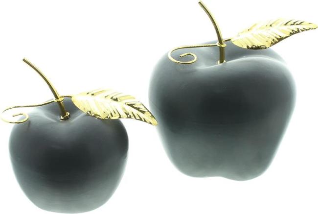 Preview: Apfel "Black" aus Porzellan, matt schwarz + gold, 11 + 14 cm hoch, Dekofigur, Tischdeko, Dekoobst