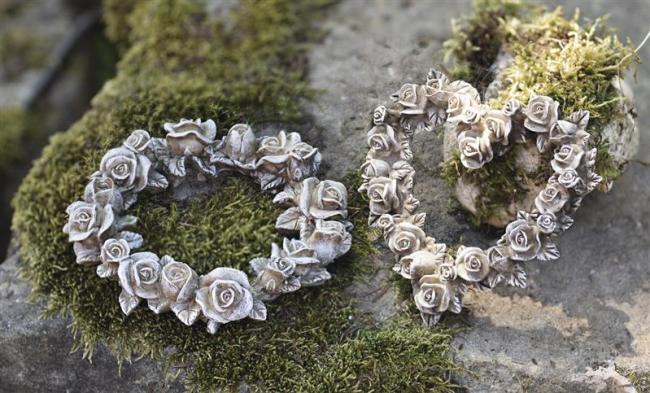 Preview: Dekoset "Rosen" Kranz & Herz aus Polyresin, wetterfest, Wandschmuck, Türschmuck, Grabschmuck, Gartendeko für Draußen