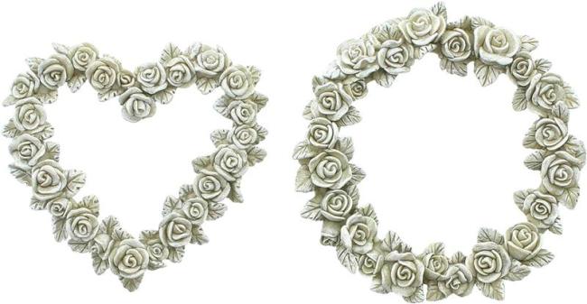 Preview: Dekoset "Rosen" Kranz & Herz aus Polyresin, wetterfest, Wandschmuck, Türschmuck, Grabschmuck, Gartendeko für Draußen