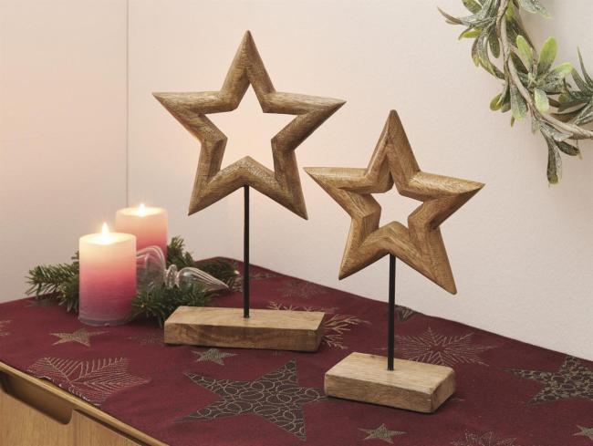 2x Weihnachtsdeko "Stern" aus Mango Holz, 25 + 31 cm hoch, Dekofigur, Fensterdeko, Sternendeko