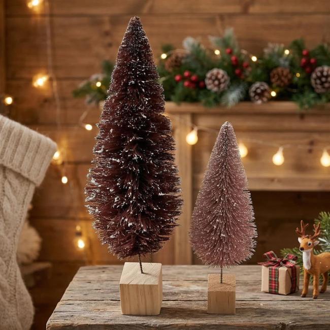 2x Dekofigur Tanne "Rosa & Aubergine", 15 + 20 cm hoch, kleine Weihnachtsbäume, Tischdeko