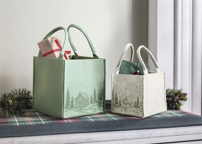 Preview: 2x Tasche "Winterwald" aus Filz in grün und beige, Aufbewahrungskorb, Geschenktasche