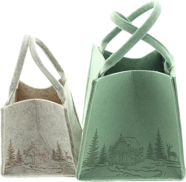 Preview: 2x Tasche "Winterwald" aus Filz in grün und beige, Aufbewahrungskorb, Geschenktasche