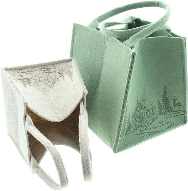 Preview: 2x Tasche "Winterwald" aus Filz in grün und beige, Aufbewahrungskorb, Geschenktasche