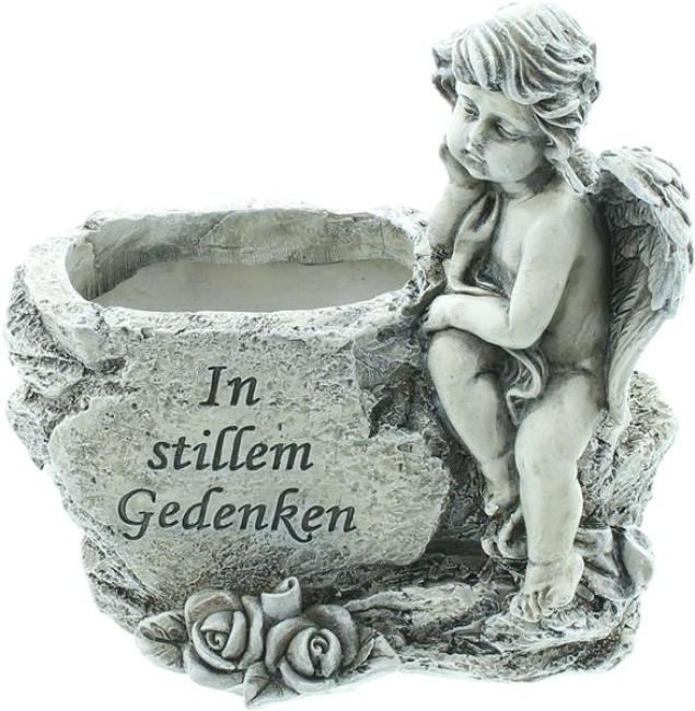 Preview: Pflanzer "Kleiner Engel" in verwitterter Optik, wetterfest, Schriftzug "In stillem Gedenken", Pflanzgefäß, Grabschmuck